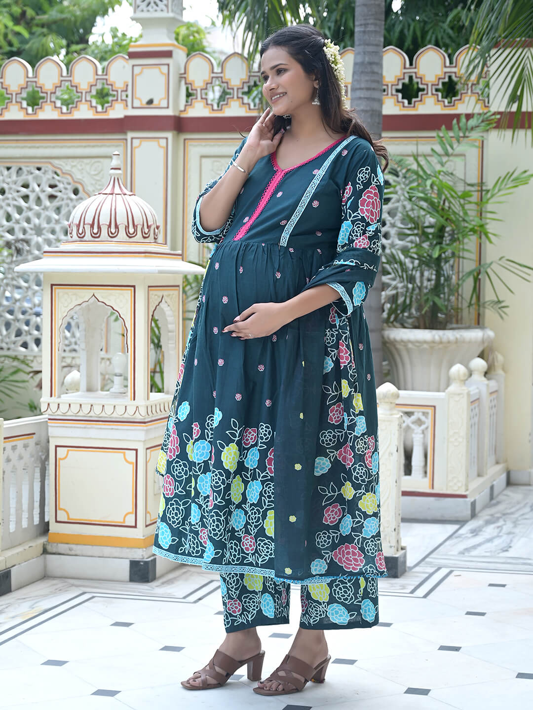Teal Green Floral Print Cotton Maternity & Feeding-Friendly Flare Kurta Set with Dupatta