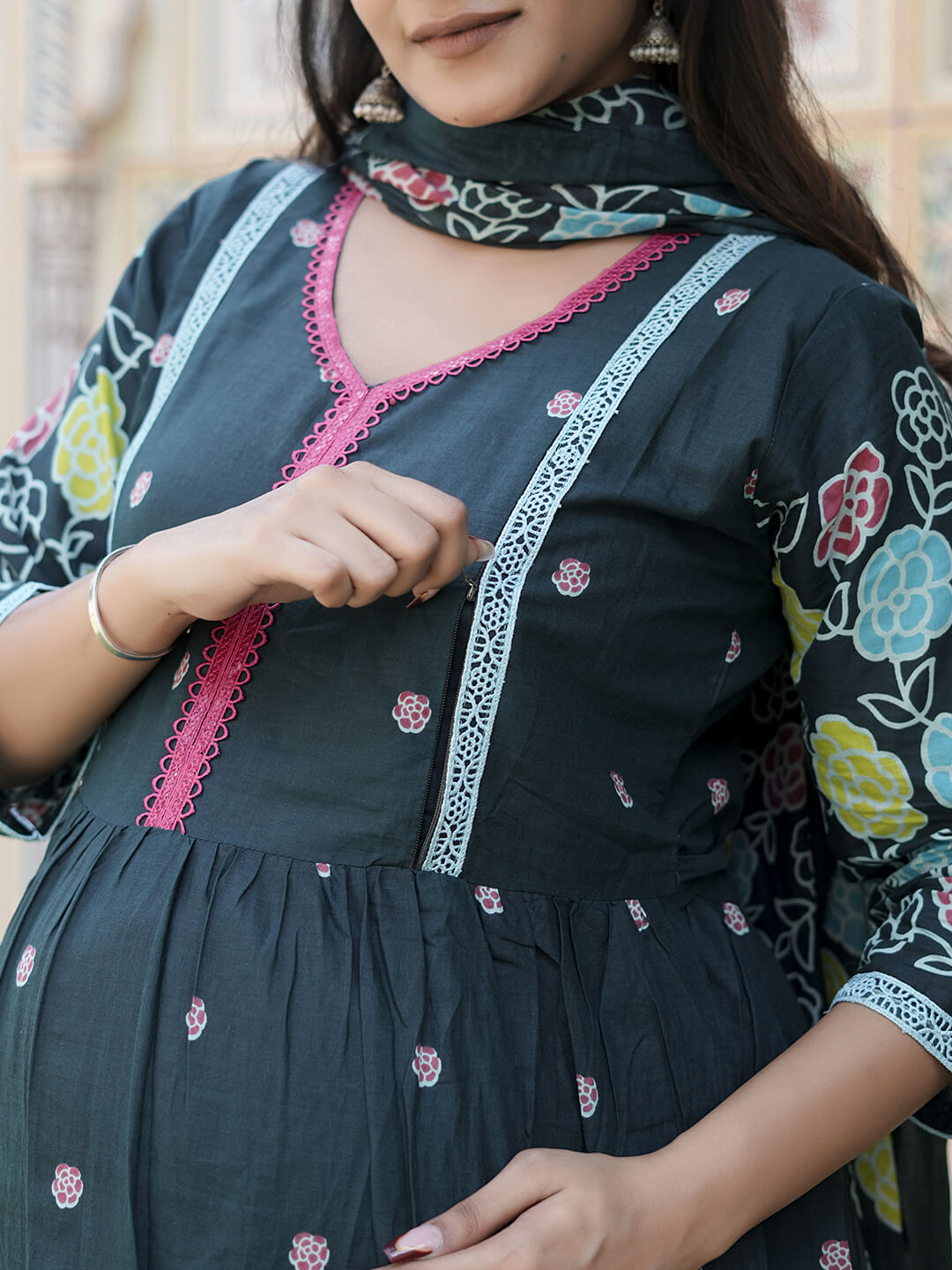 Teal Green Floral Print Cotton Maternity & Feeding-Friendly Flare Kurta Set with Dupatta