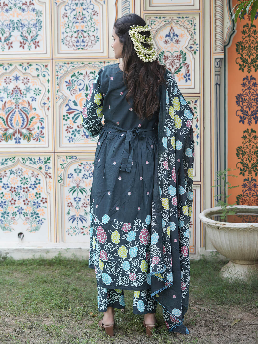 Teal Green Floral Print Cotton Maternity & Feeding-Friendly Flare Kurta Set with Dupatta