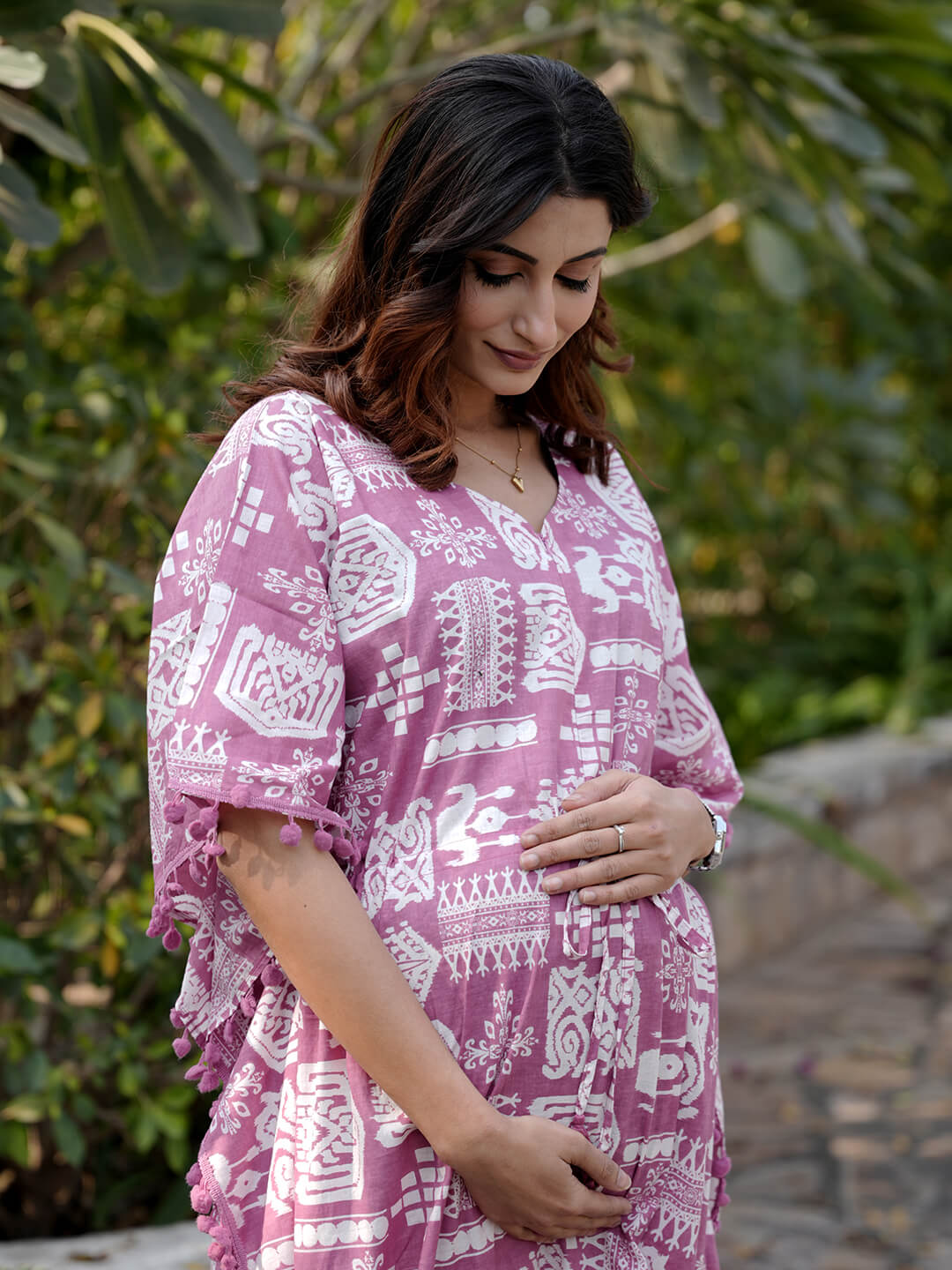 Mauve Ethnic Print Maternity & Feeding Kaftan Dress with Concealed Zipper