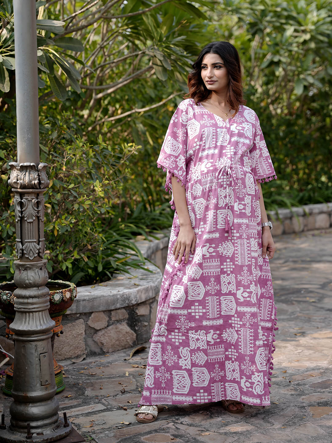 Mauve Ethnic Print Maternity & Feeding Kaftan Dress with Concealed Zipper
