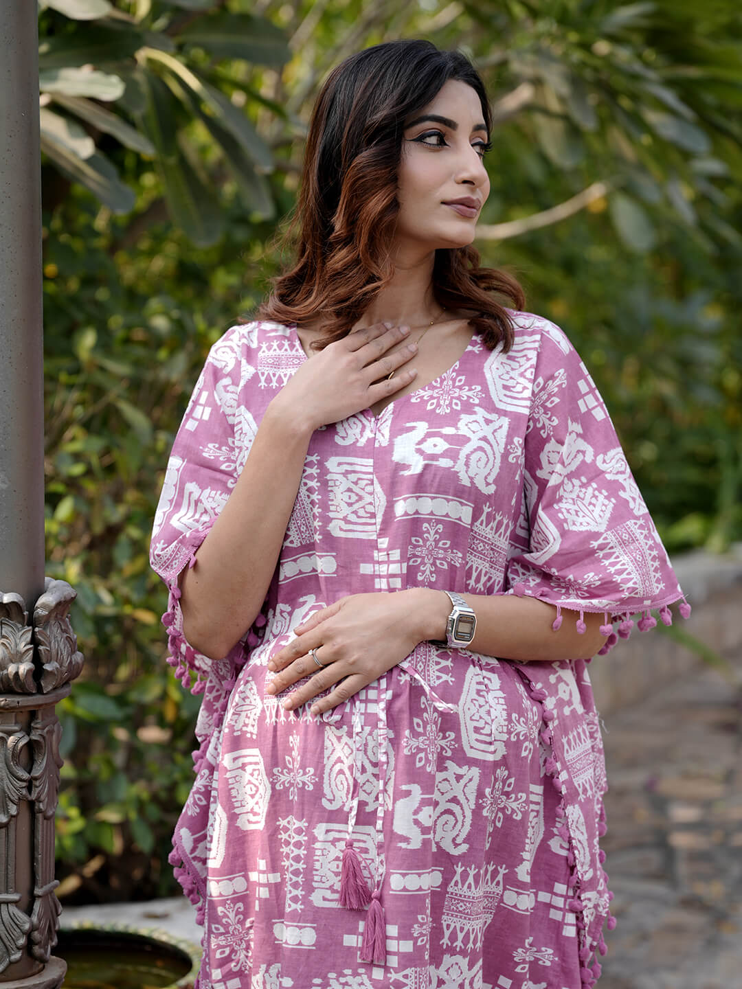 Mauve Ethnic Print Maternity & Feeding Kaftan Dress with Concealed Zipper