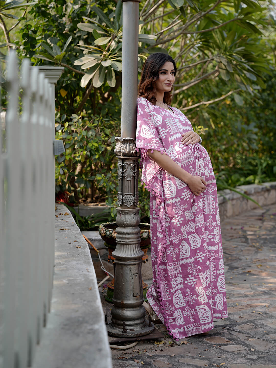Mauve Ethnic Print Maternity & Feeding Kaftan Dress with Concealed Zipper