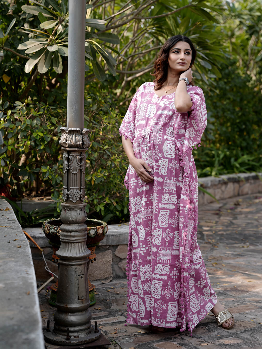 Mauve Ethnic Print Maternity & Feeding Kaftan Dress with Concealed Zipper