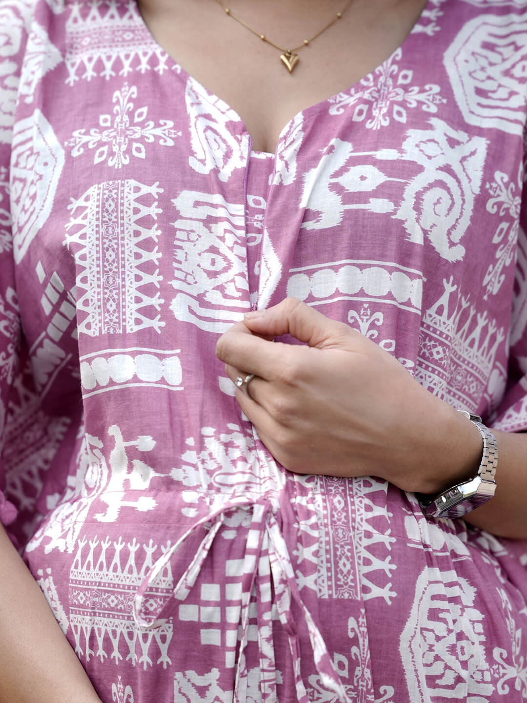 Mauve Ethnic Print Maternity & Feeding Kaftan Dress with Concealed Zipper