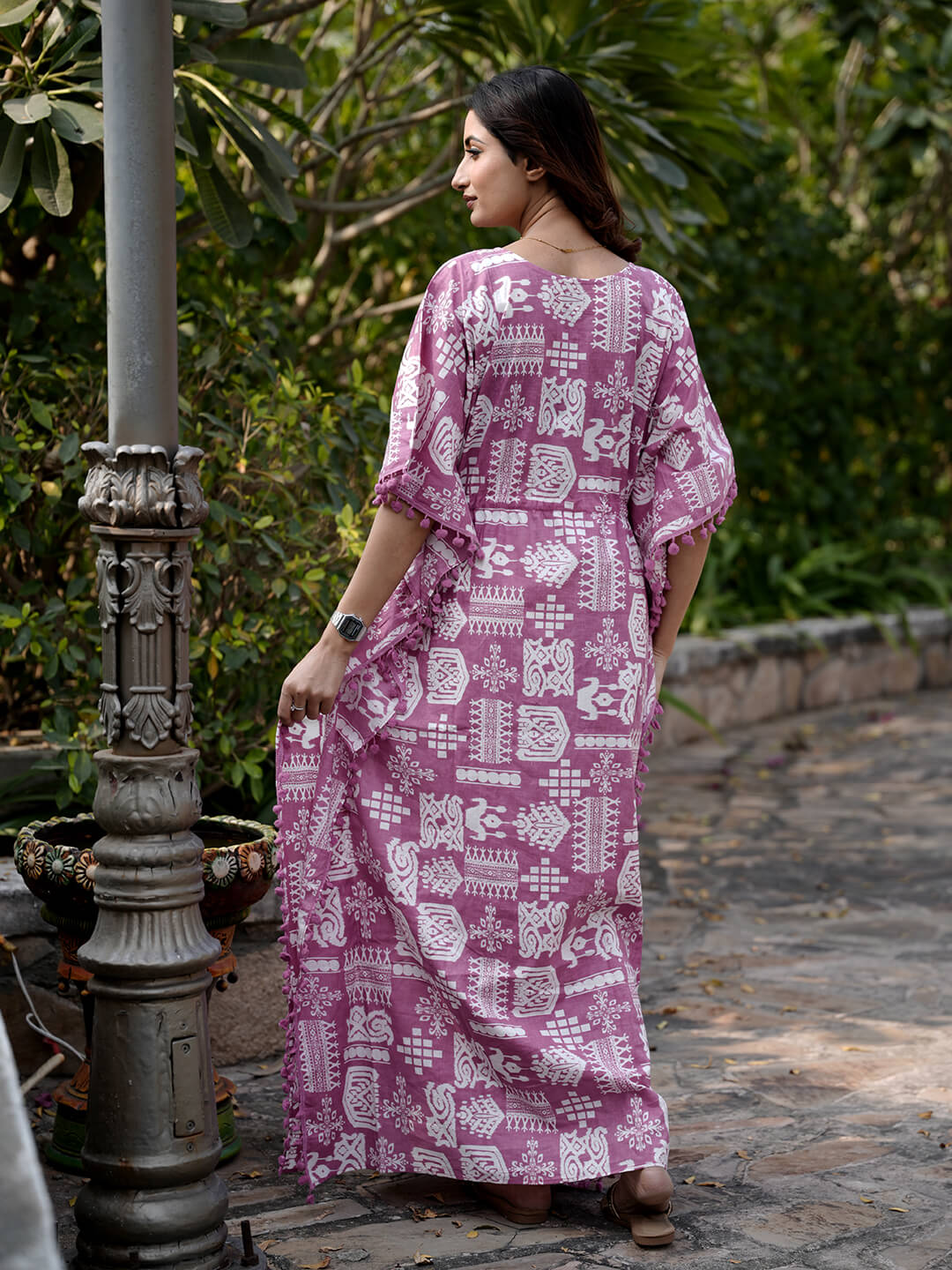 Mauve Ethnic Print Maternity & Feeding Kaftan Dress with Concealed Zipper