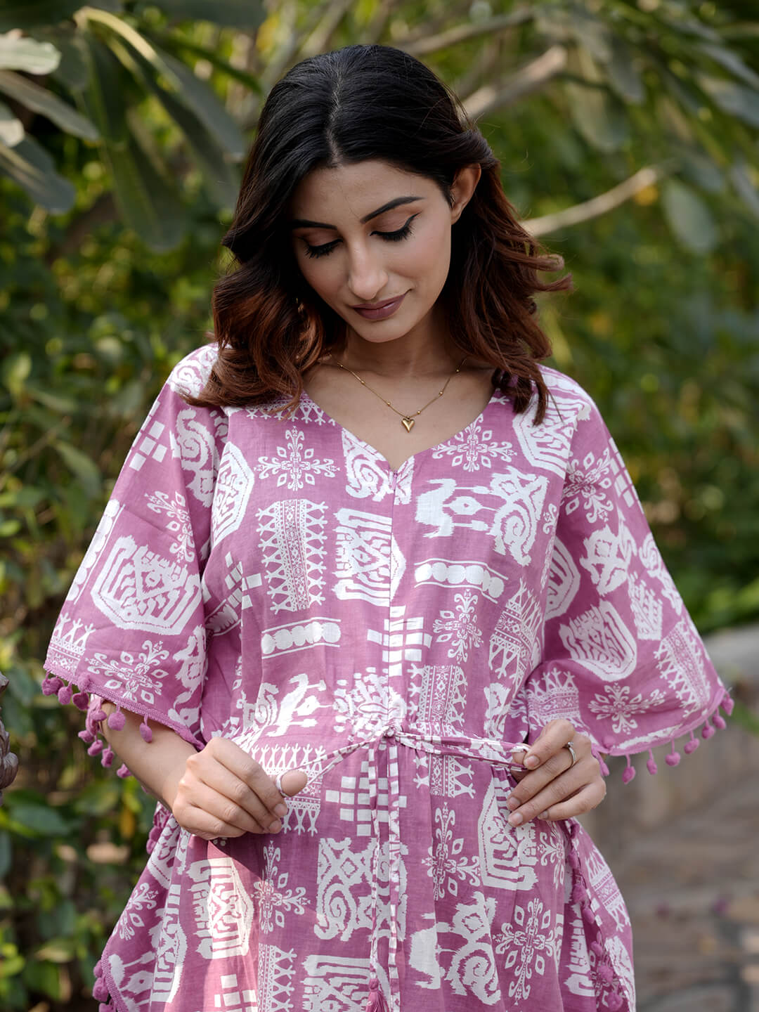 Mauve Ethnic Print Maternity & Feeding Kaftan Dress with Concealed Zipper