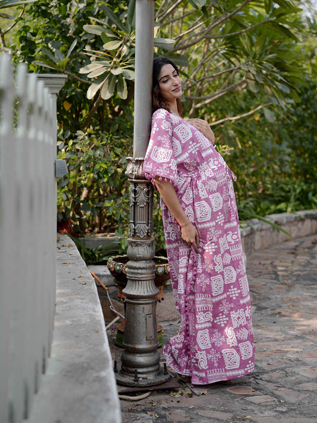 Mauve Ethnic Print Maternity & Feeding Kaftan Dress with Concealed Zipper