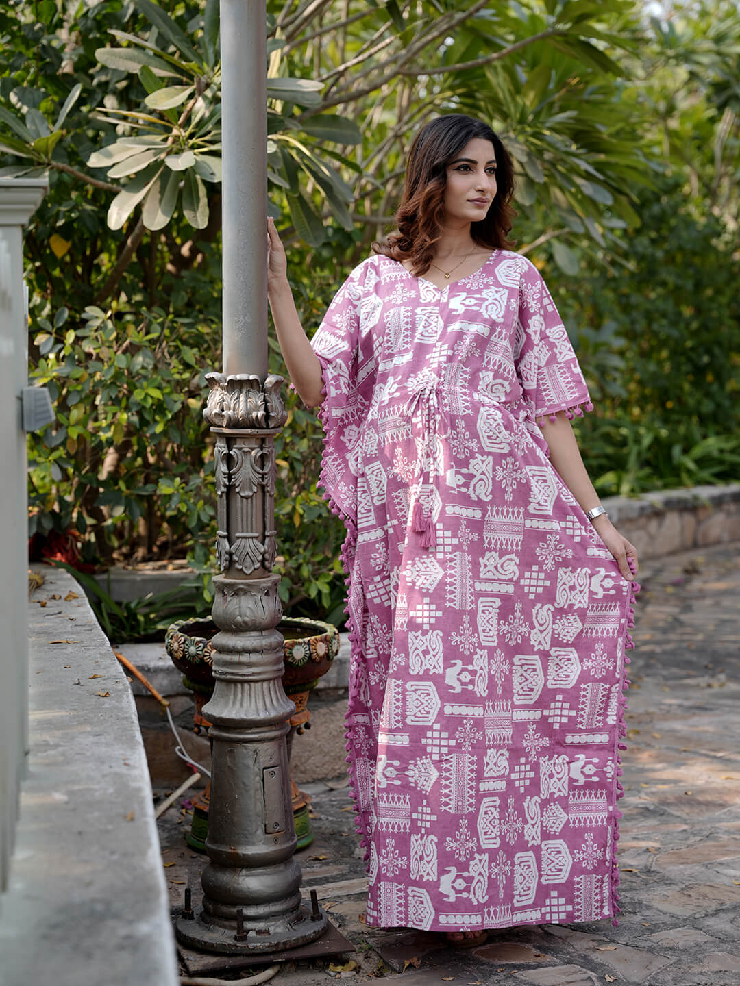 Mauve Ethnic Print Maternity & Feeding Kaftan Dress with Concealed Zipper