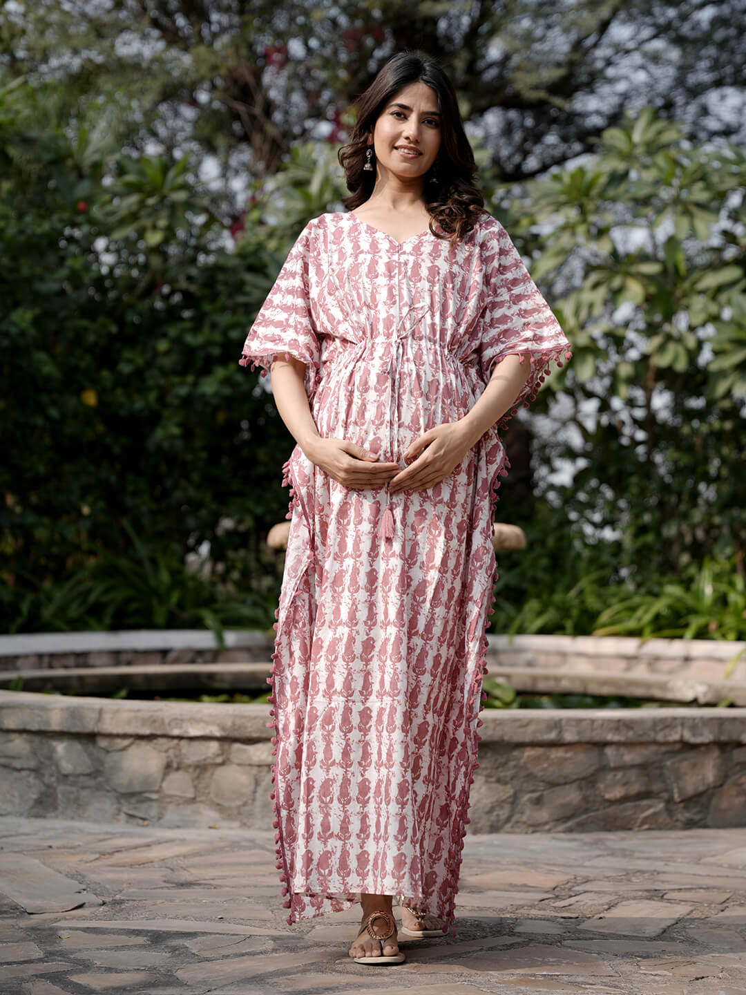 White Brown Ethnic Print Maternity & Feeding Kaftan Dress with Concealed Zipper