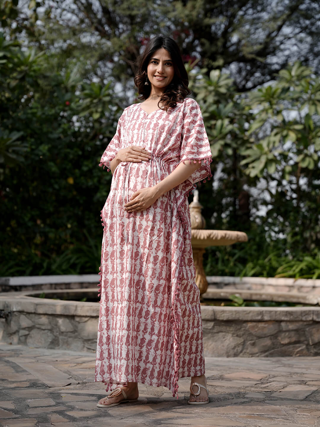 White Brown Ethnic Print Maternity & Feeding Kaftan Dress with Concealed Zipper