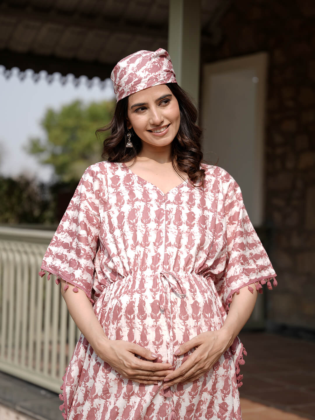 White Brown Ethnic Print Maternity & Feeding Kaftan Dress with Concealed Zipper
