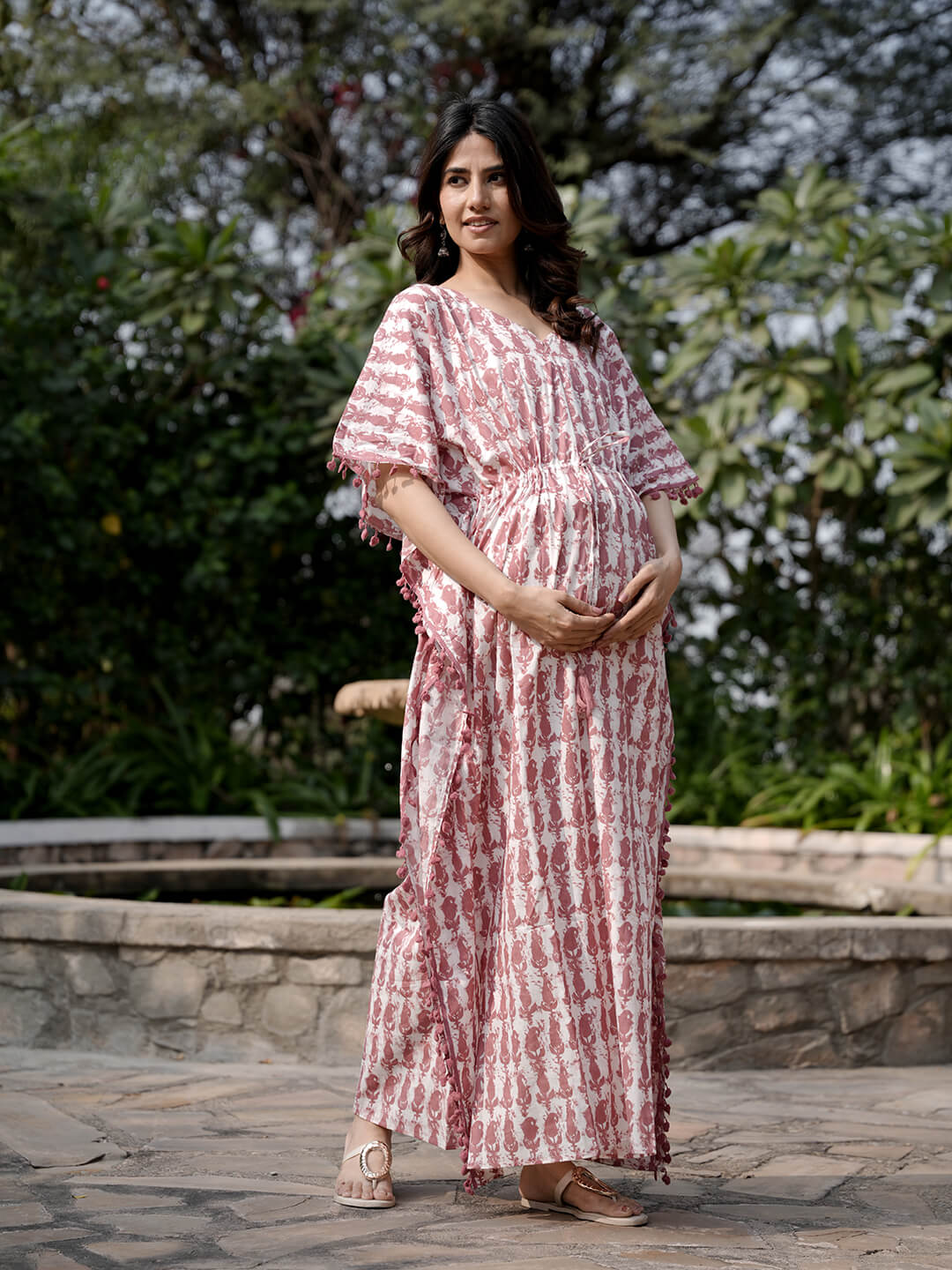 White Brown Ethnic Print Maternity & Feeding Kaftan Dress with Concealed Zipper