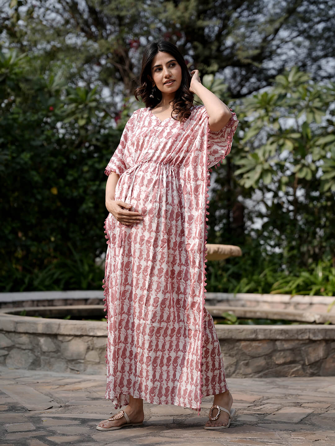 White Brown Ethnic Print Maternity & Feeding Kaftan Dress with Concealed Zipper