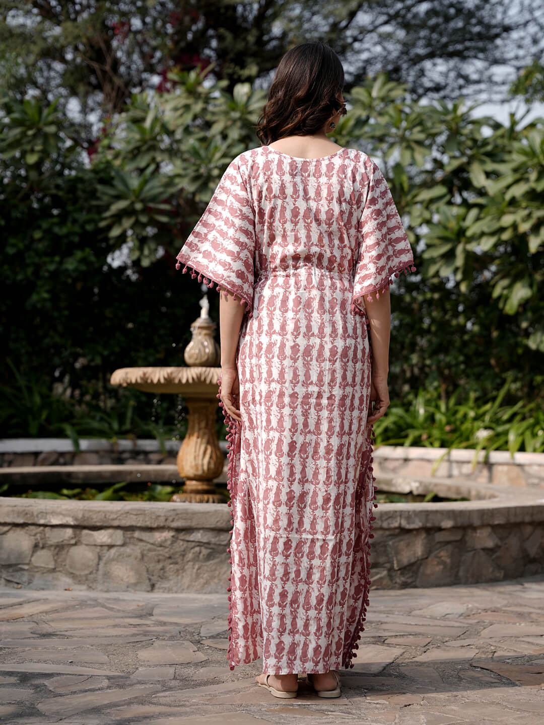 White Brown Ethnic Print Maternity & Feeding Kaftan Dress with Concealed Zipper