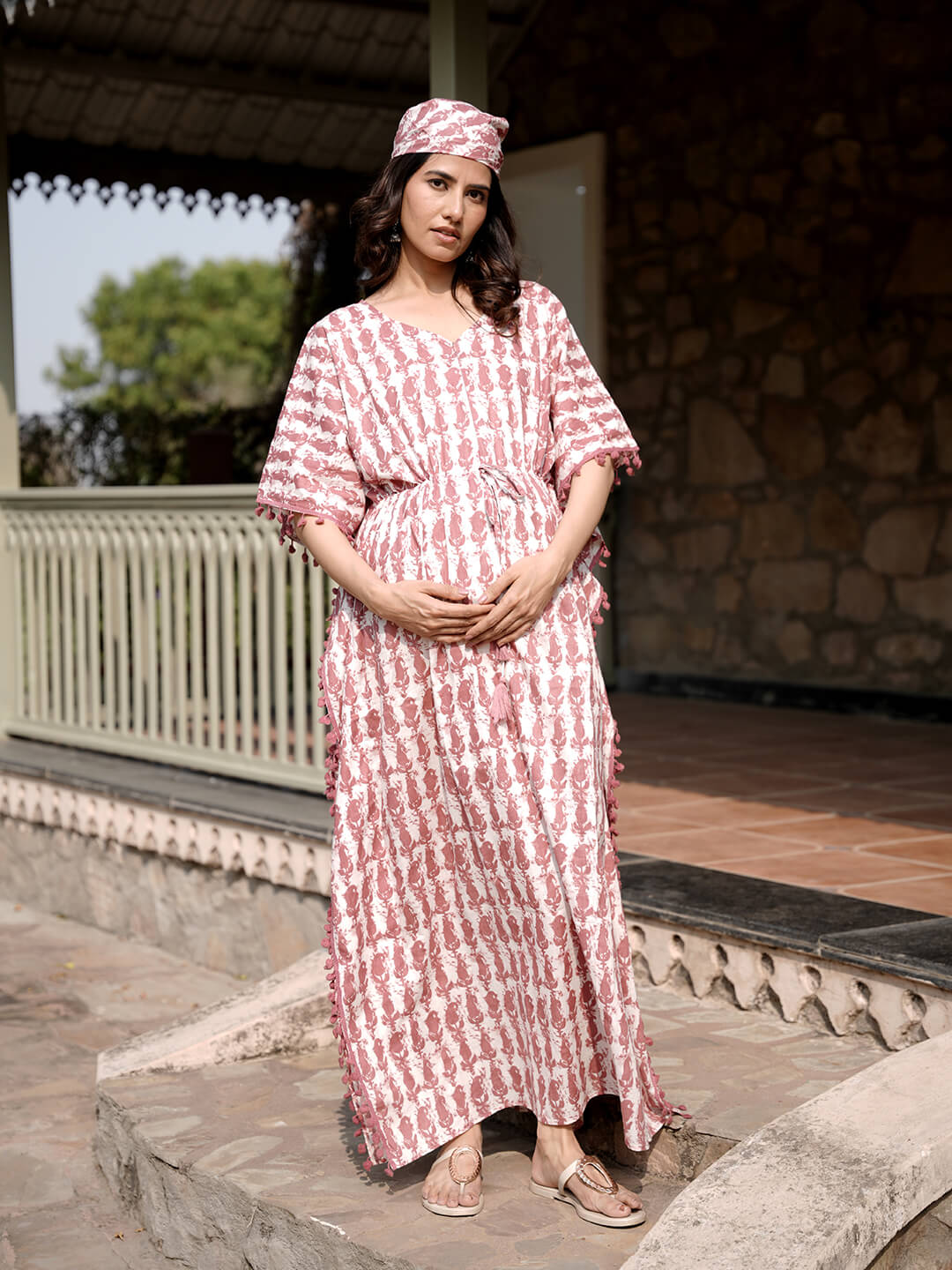 White Brown Ethnic Print Maternity & Feeding Kaftan Dress with Concealed Zipper