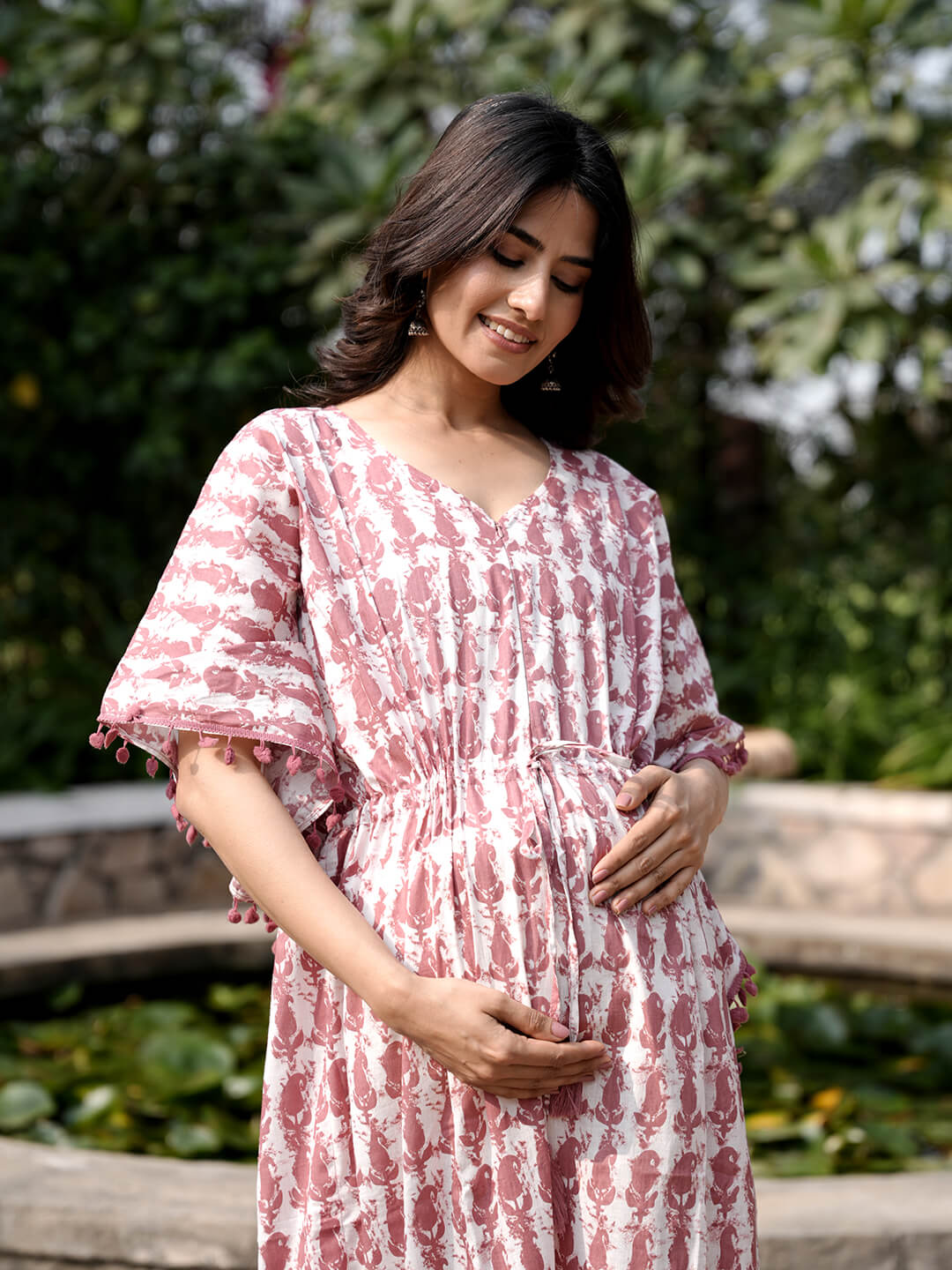 White Brown Ethnic Print Maternity & Feeding Kaftan Dress with Concealed Zipper