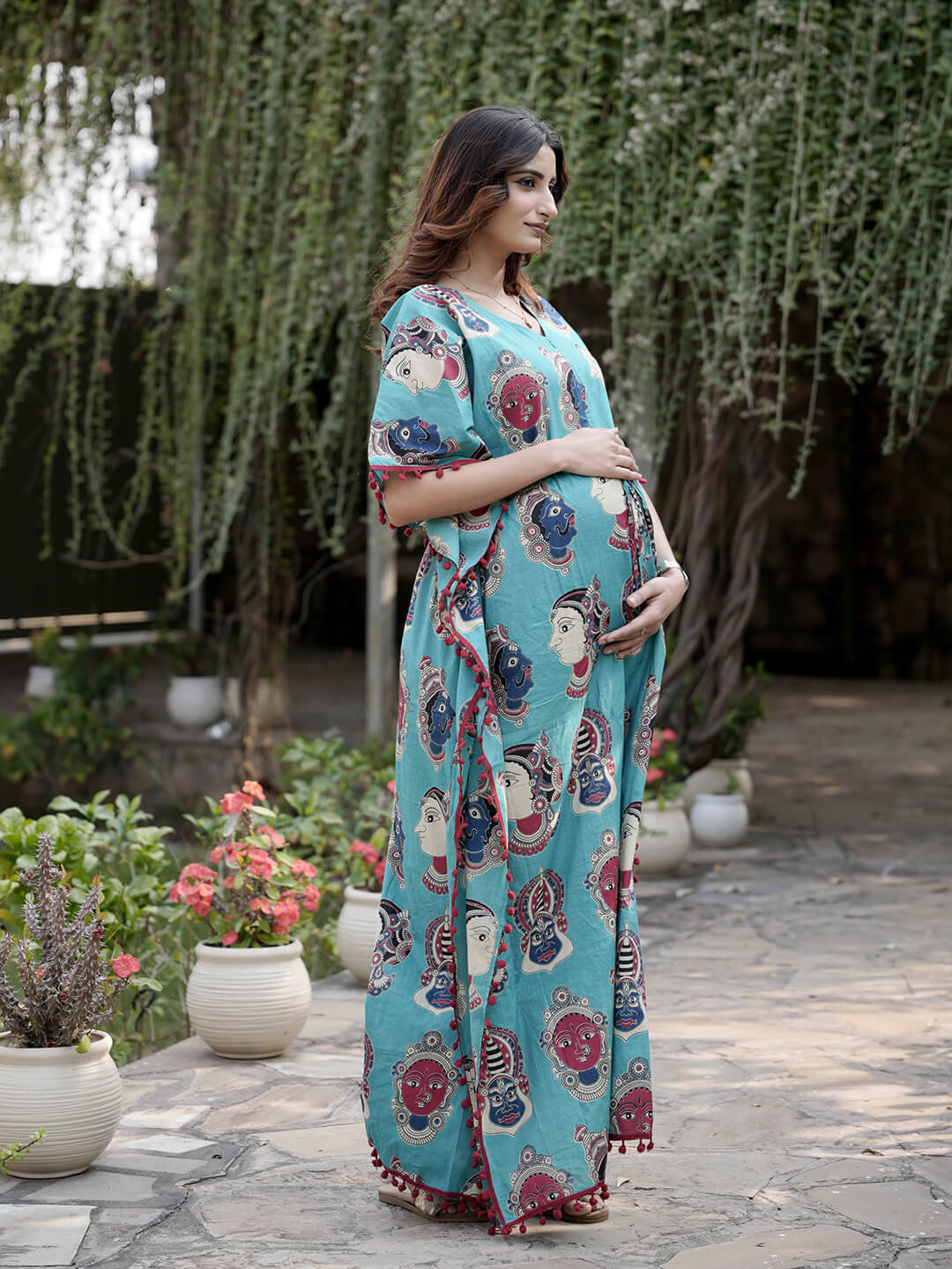 Turquoise Multi Ethnic Print Maternity & Feeding Kaftan Dress with Concealed Zipper