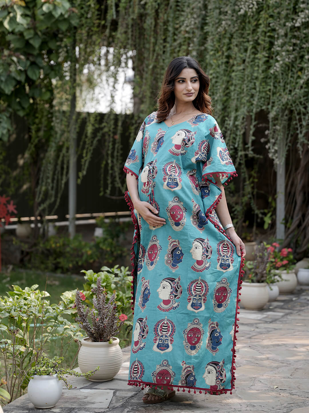 Turquoise Multi Ethnic Print Maternity & Feeding Kaftan Dress with Concealed Zipper