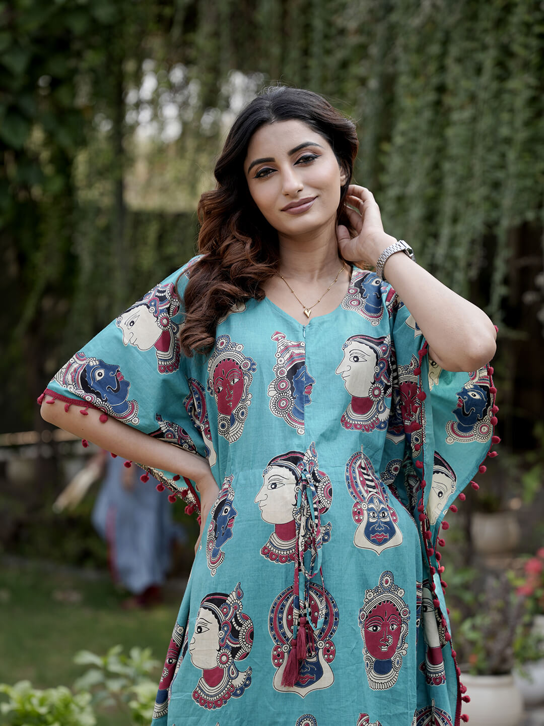 Turquoise Multi Ethnic Print Maternity & Feeding Kaftan Dress with Concealed Zipper
