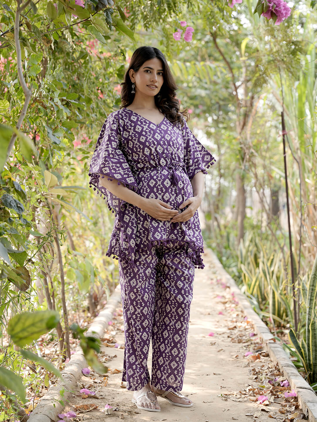 Purple Printed Cotton Maternity Feeding-Friendly Kaftan Night Suit