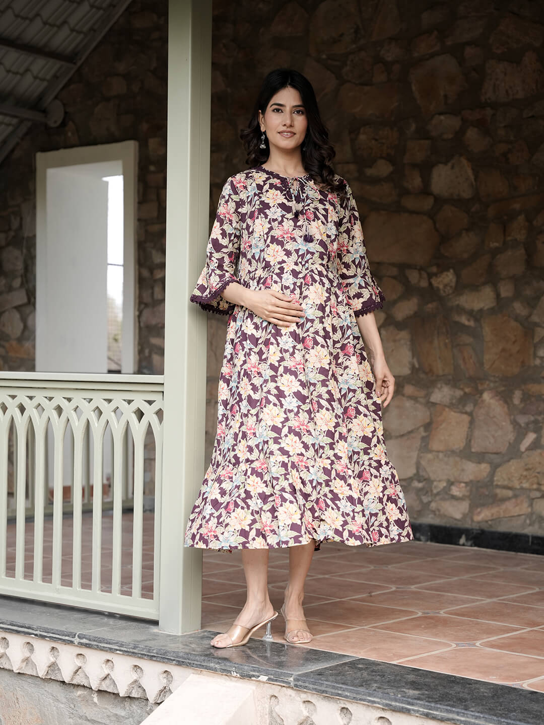 Burgundy Floral Print Maternity & Feeding Midi Dress with Concealed Zippers