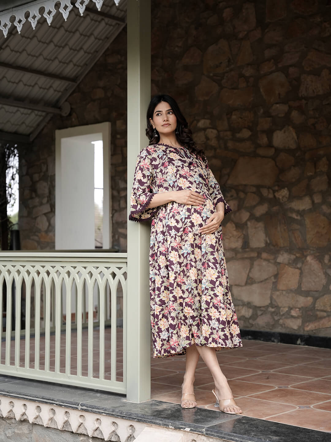 Burgundy Floral Print Maternity & Feeding Midi Dress with Concealed Zippers