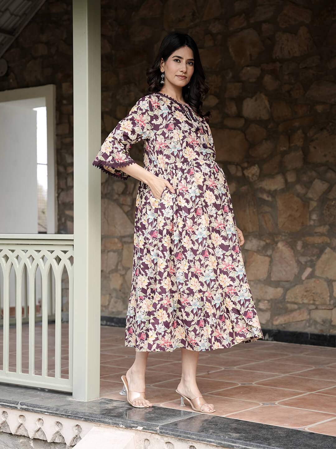 Burgundy Floral Print Maternity & Feeding Midi Dress with Concealed Zippers