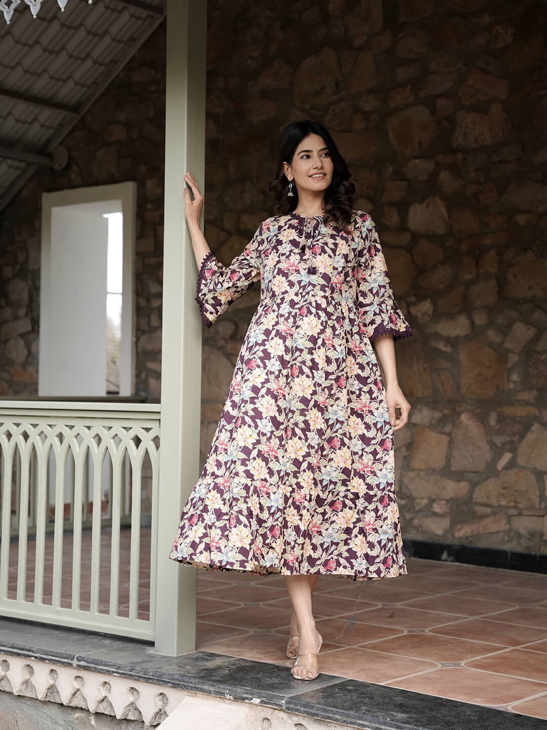 Burgundy Floral Print Maternity & Feeding Midi Dress with Concealed Zippers