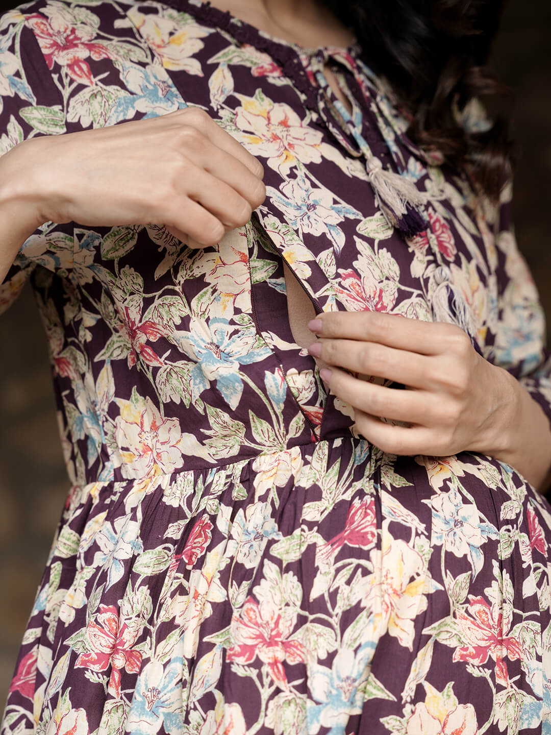 Burgundy Floral Print Maternity & Feeding Midi Dress with Concealed Zippers