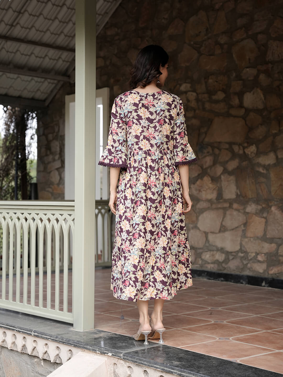 Burgundy Floral Print Maternity & Feeding Midi Dress with Concealed Zippers