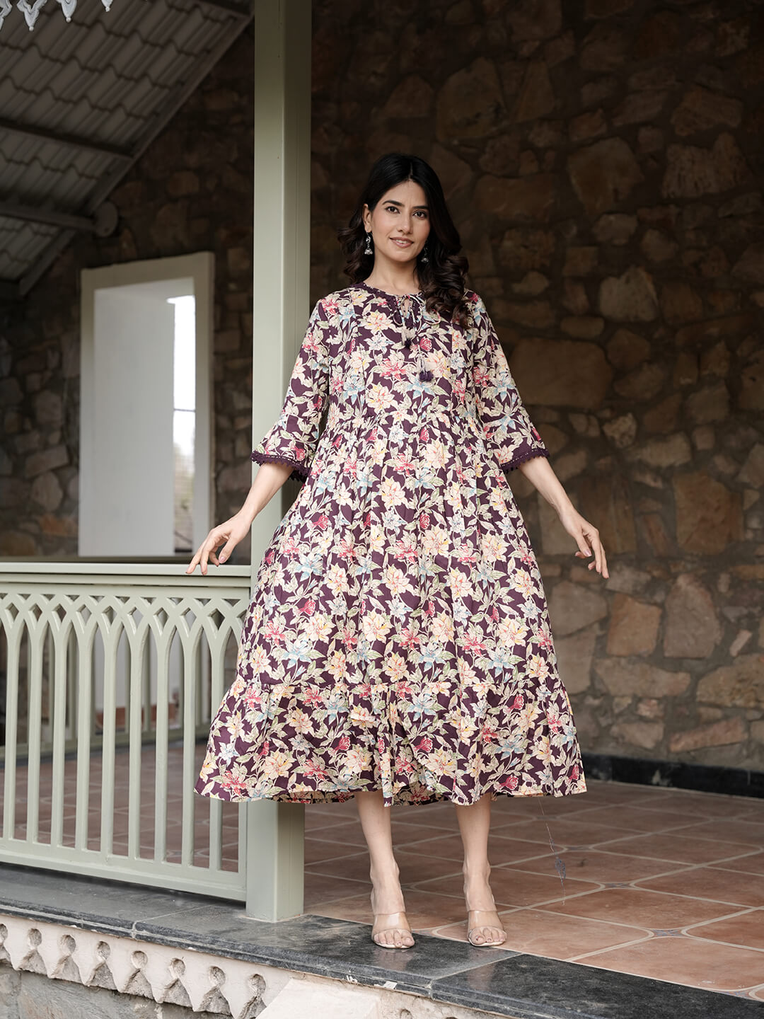 Burgundy Floral Print Maternity & Feeding Midi Dress with Concealed Zippers