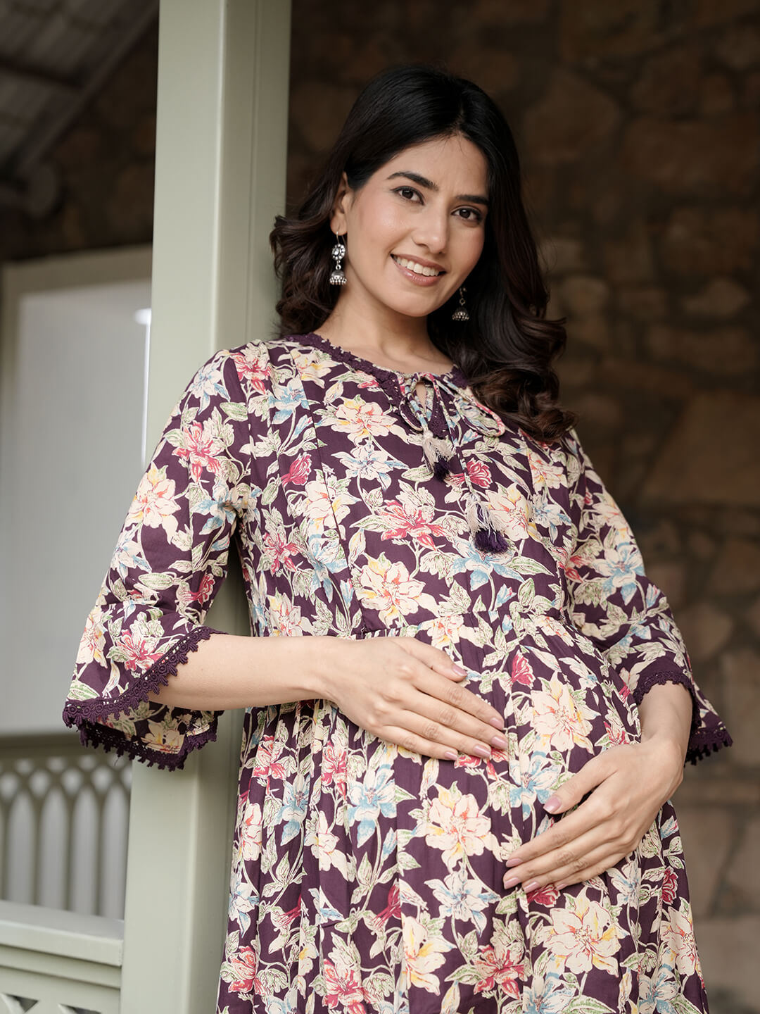 Burgundy Floral Print Maternity & Feeding Midi Dress with Concealed Zippers