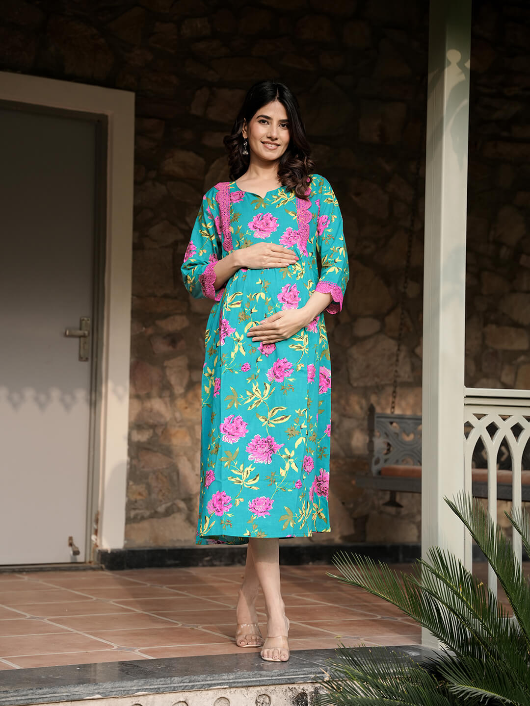 Sea Green Floral Print Maternity & Feeding Midi Dress with Concealed Zippers