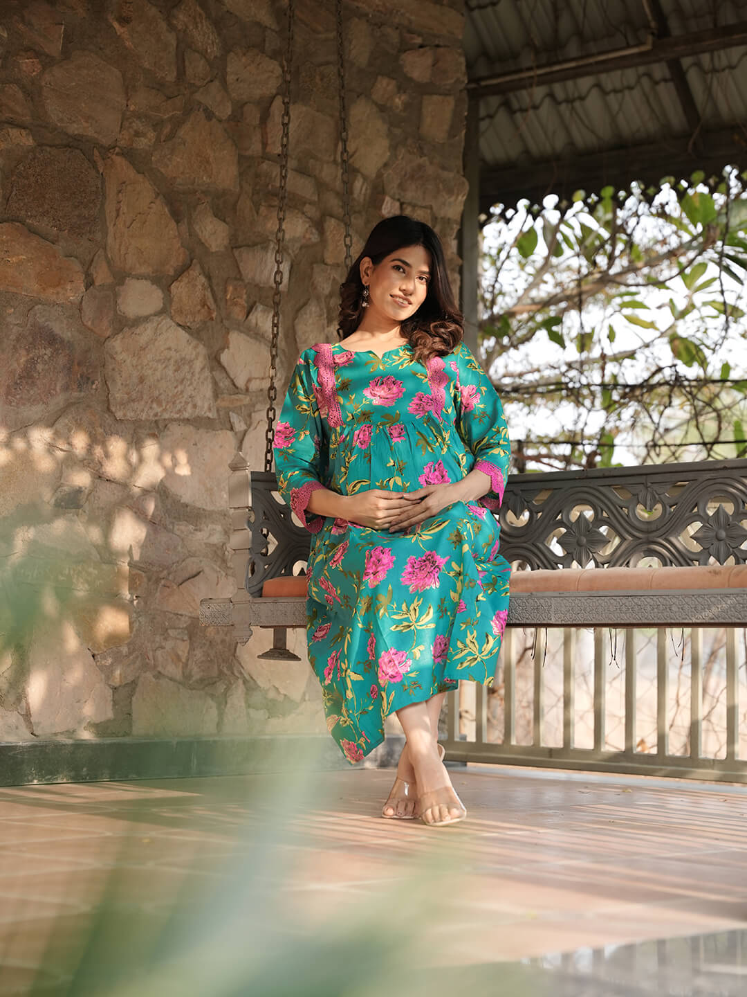 Sea Green Floral Print Maternity & Feeding Midi Dress with Concealed Zippers
