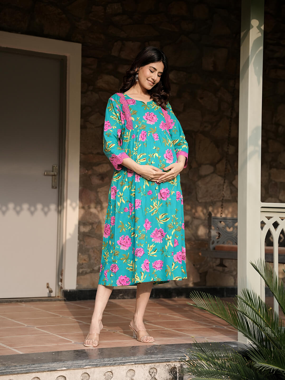 Sea Green Floral Print Maternity & Feeding Midi Dress with Concealed Zippers