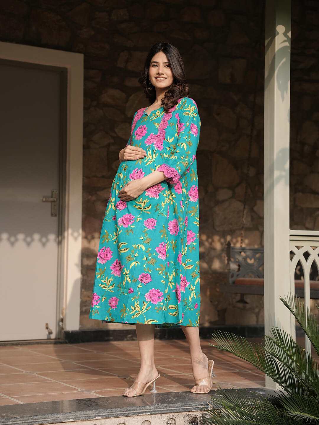 Sea Green Floral Print Maternity & Feeding Midi Dress with Concealed Zippers