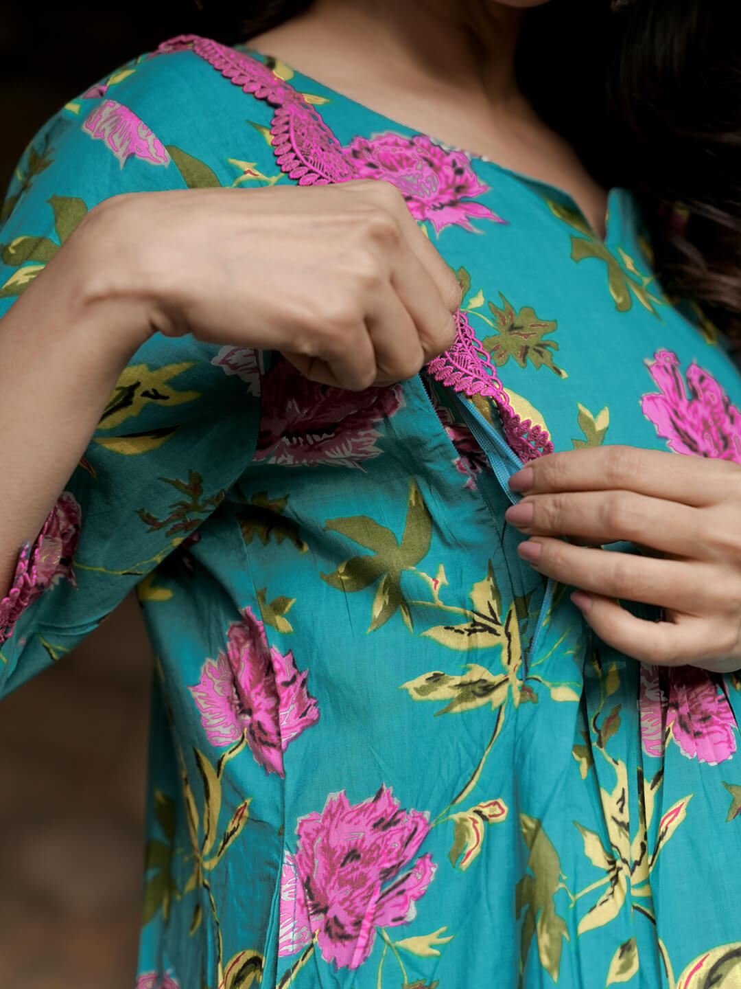 Sea Green Floral Print Maternity & Feeding Midi Dress with Concealed Zippers
