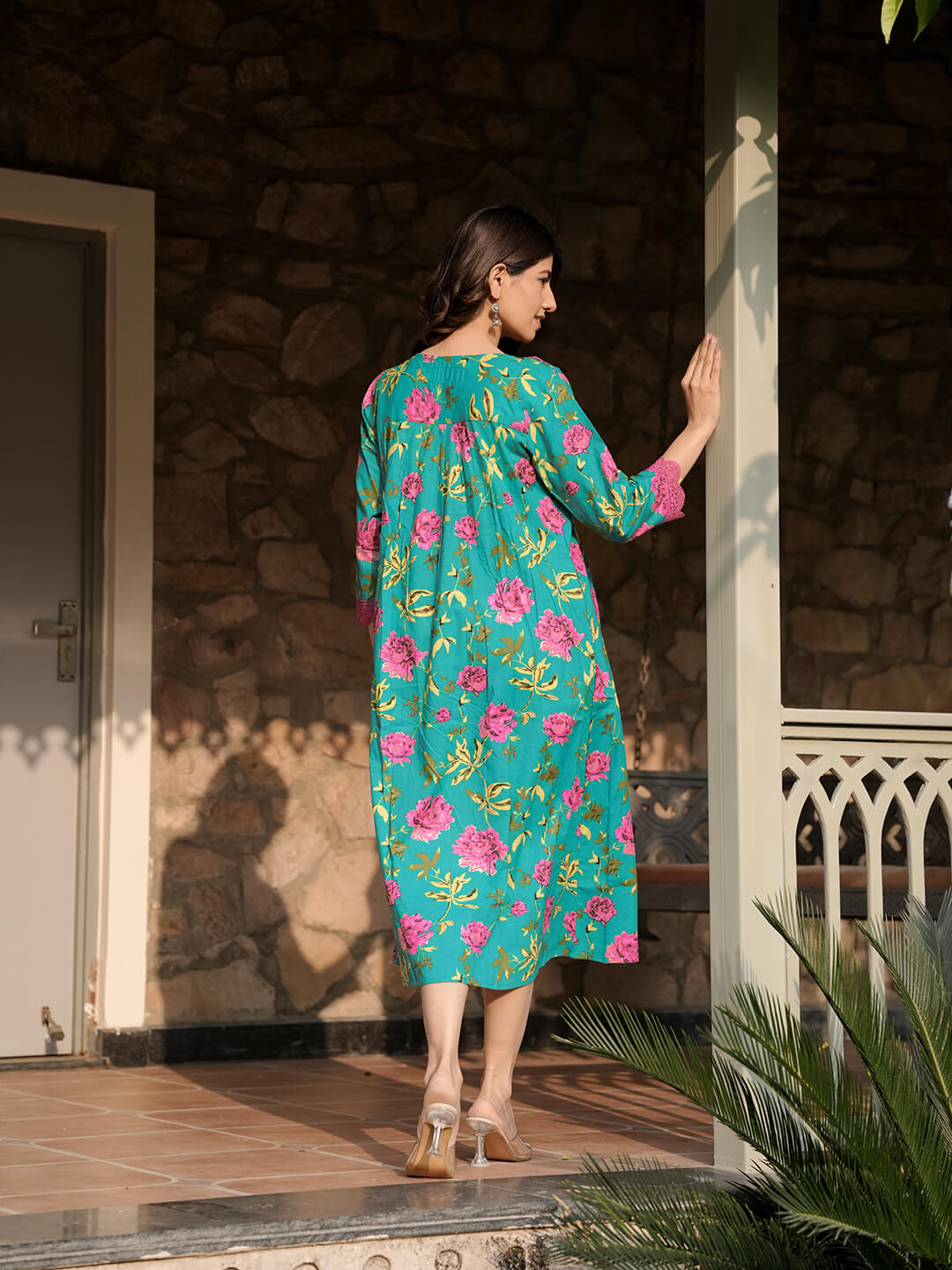 Sea Green Floral Print Maternity & Feeding Midi Dress with Concealed Zippers