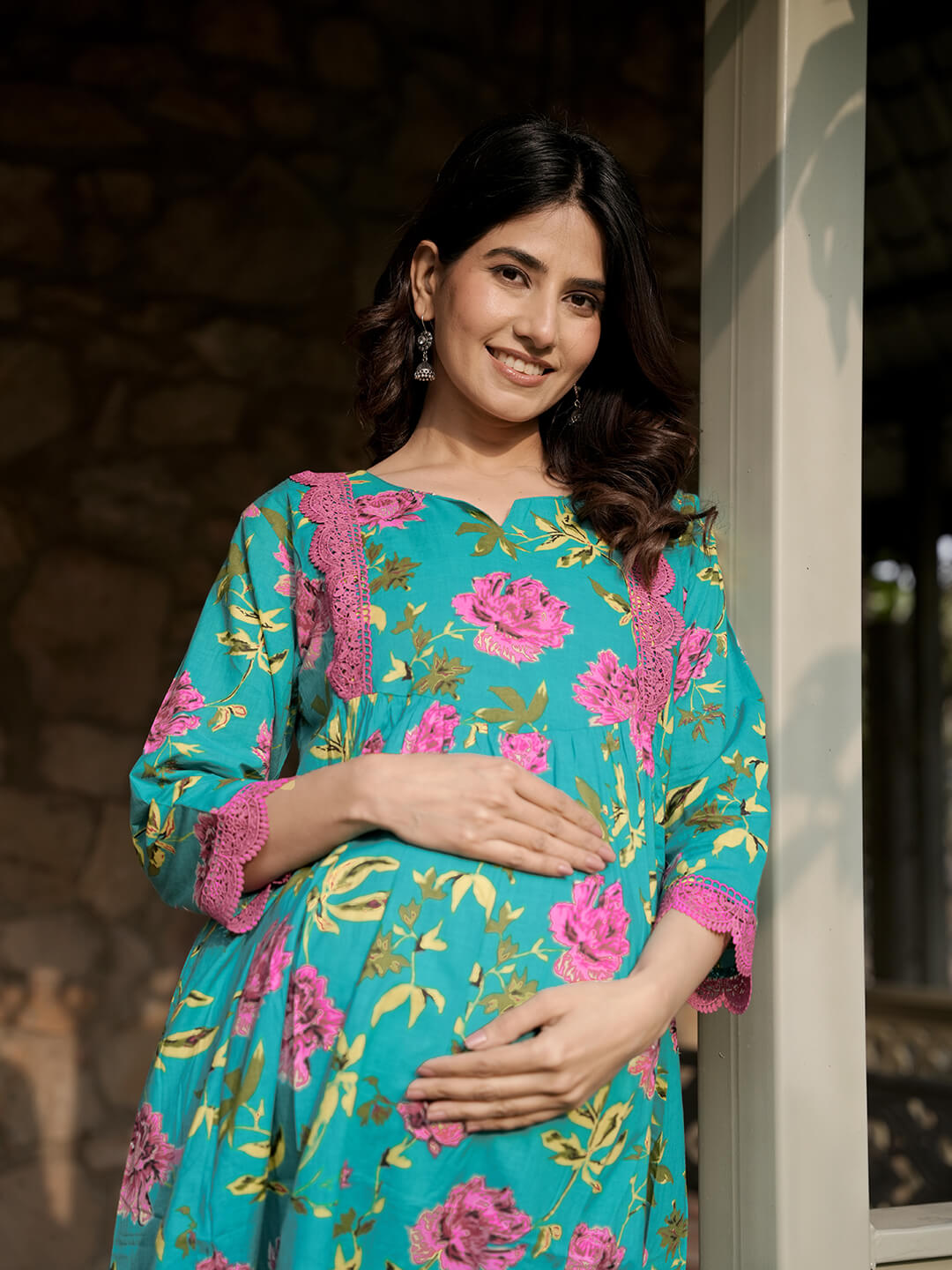 Sea Green Floral Print Maternity & Feeding Midi Dress with Concealed Zippers