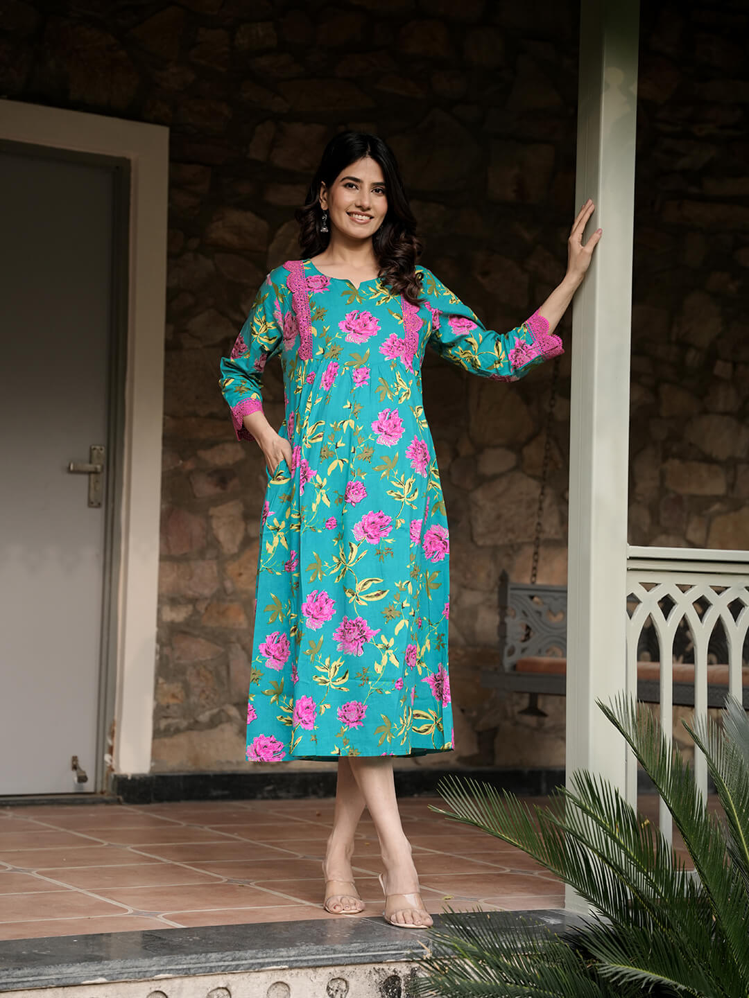 Sea Green Floral Print Maternity & Feeding Midi Dress with Concealed Zippers