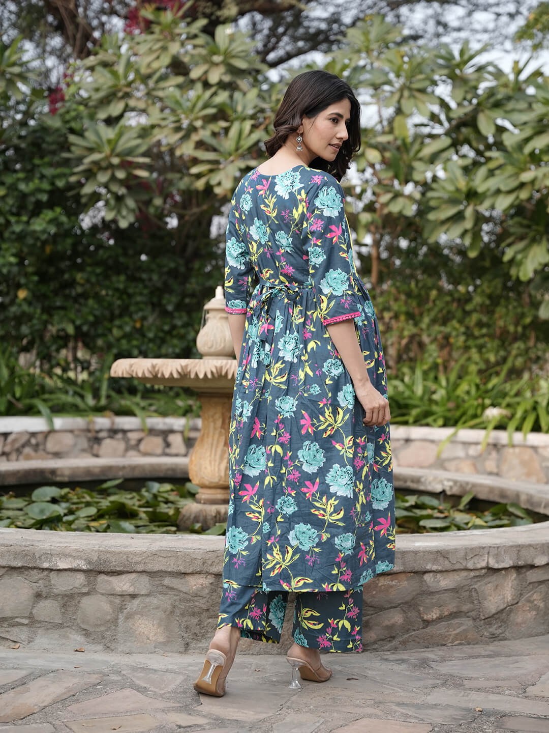 Anika Fashion Women's Cotton Kurta Set - Easy Feeding Access - Grey Floral - Size M