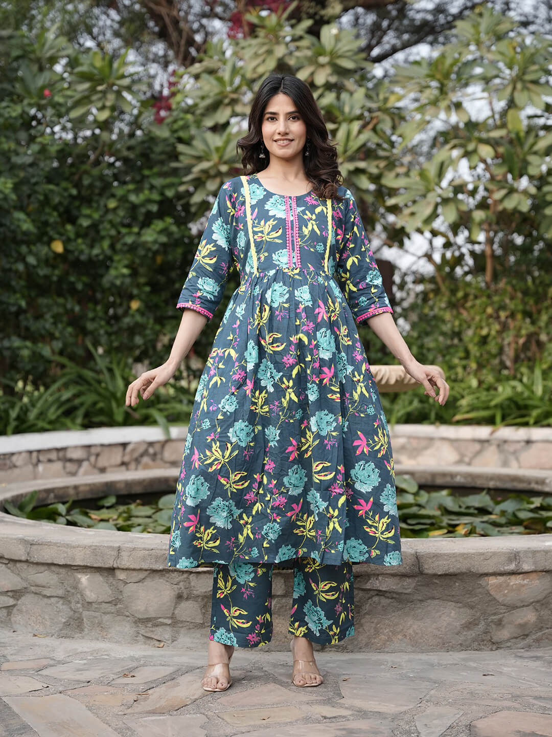 Anika Fashion Women's Cotton Kurta Set - Easy Feeding Access - Grey Floral - Size M