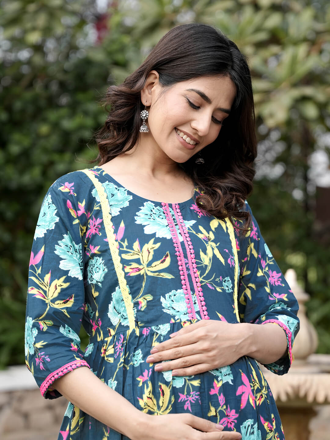 Anika Fashion Women's Cotton Kurta Set - Easy Feeding Access - Grey Floral - Size M