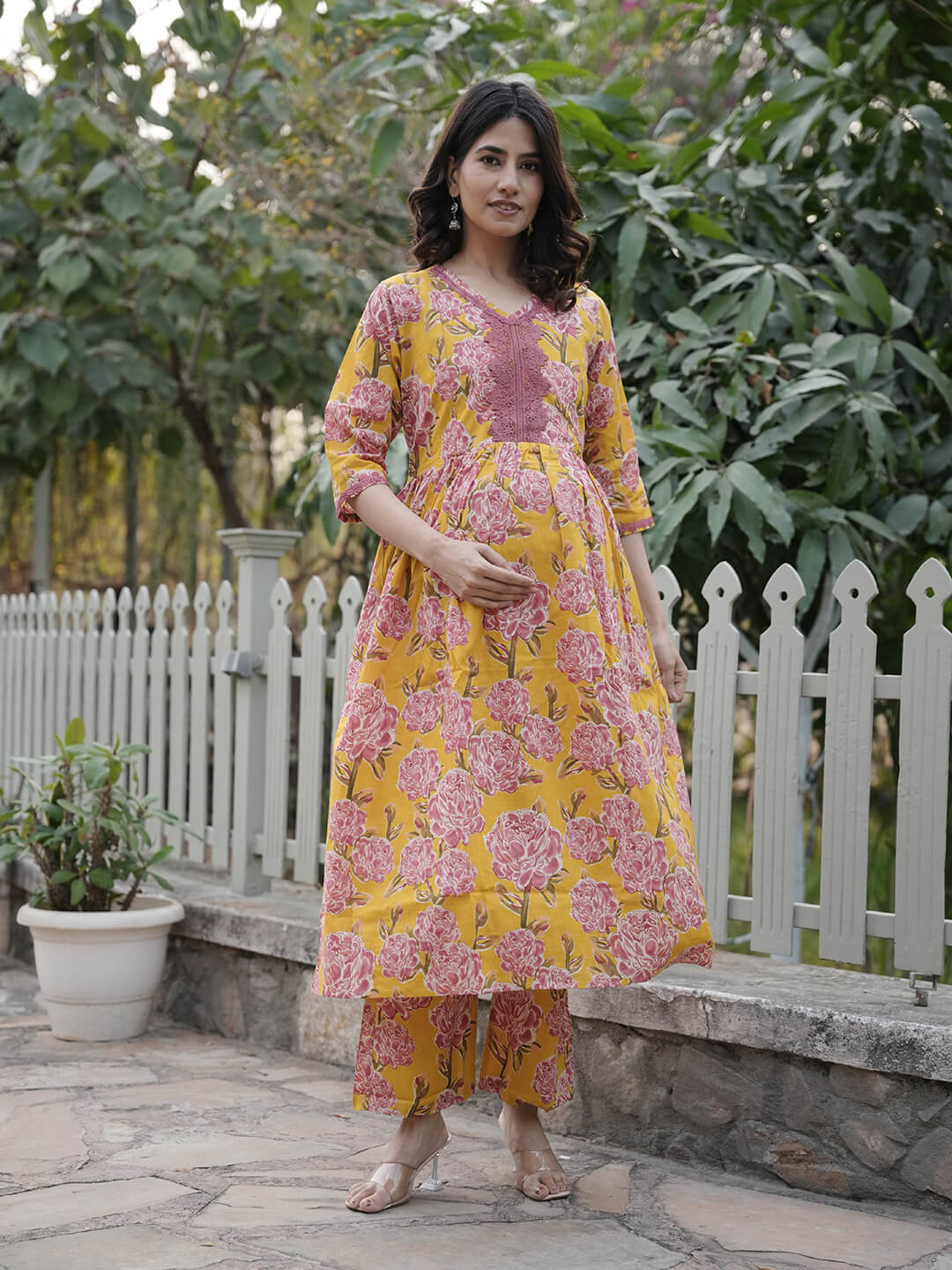 Mustard Floral Printed Maternity & Feeding Friendly Cotton Kurta Set