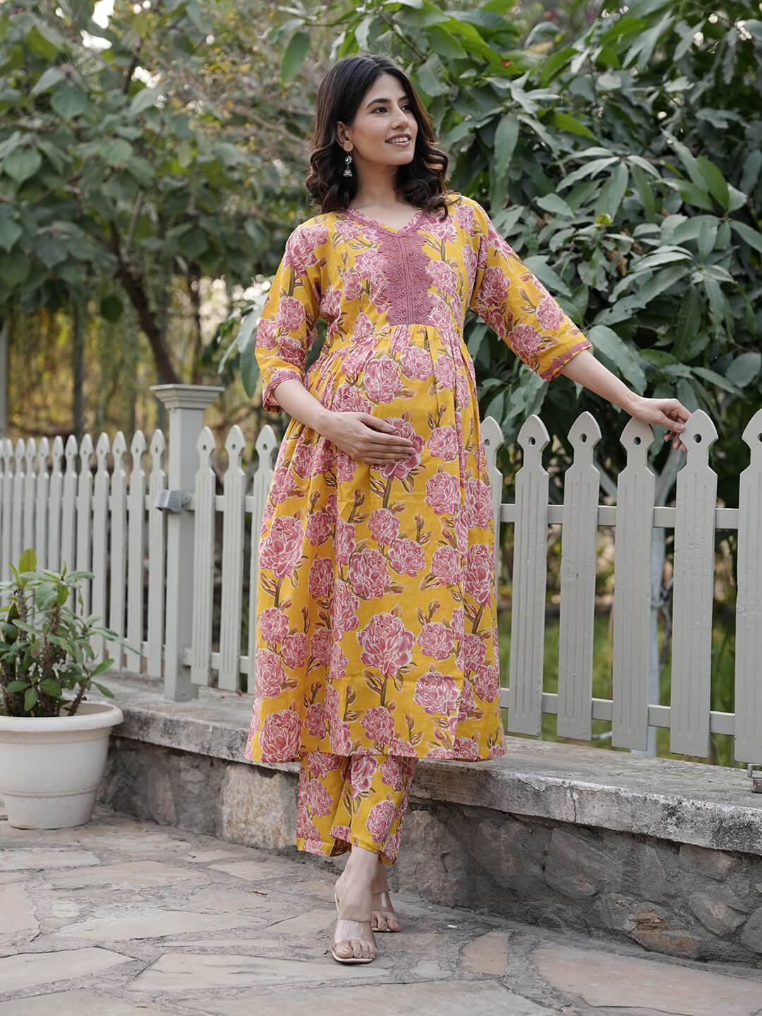 Mustard Floral Printed Maternity & Feeding Friendly Cotton Kurta Set
