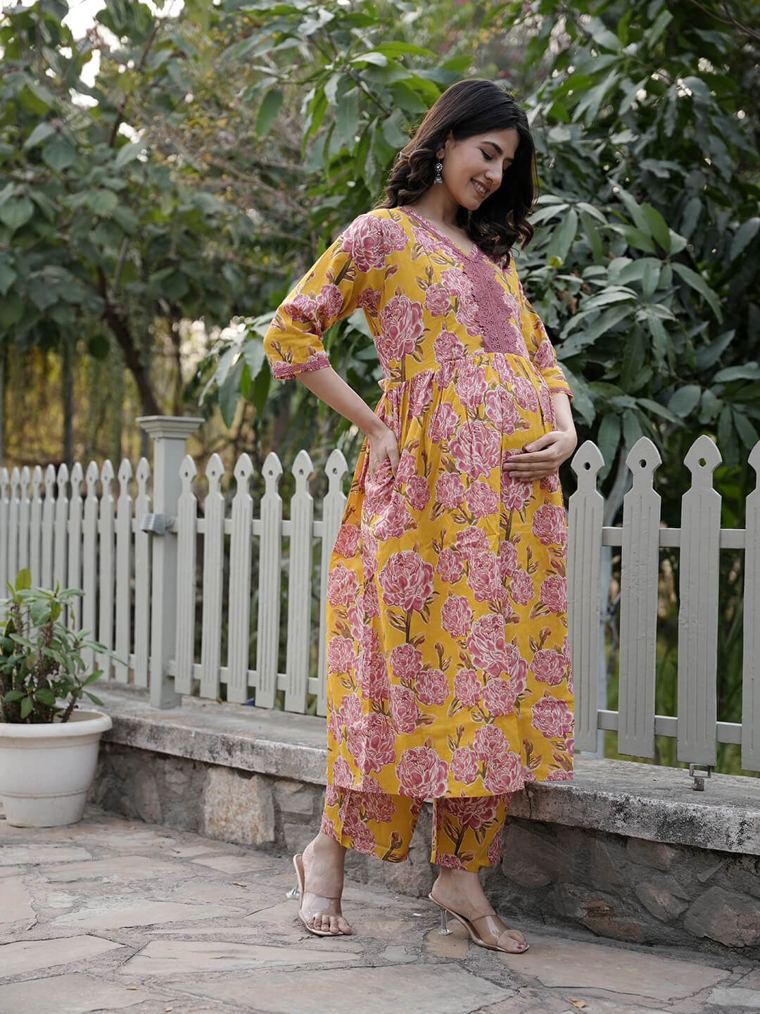 Mustard Floral Printed Maternity & Feeding Friendly Cotton Kurta Set