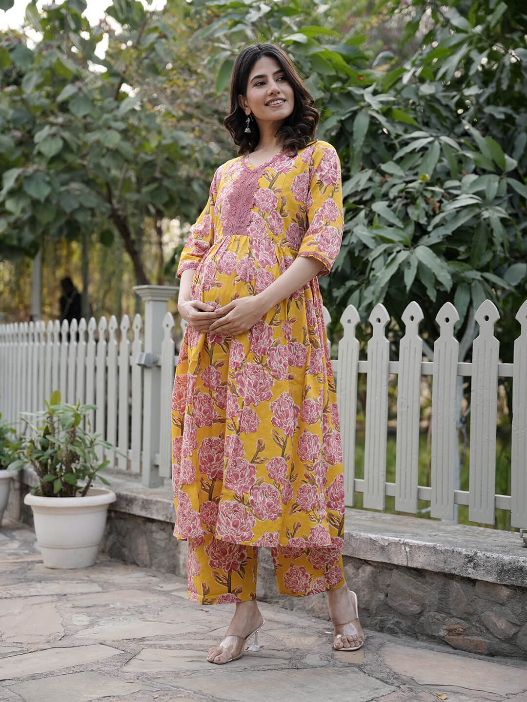 Mustard Floral Printed Maternity & Feeding Friendly Cotton Kurta Set