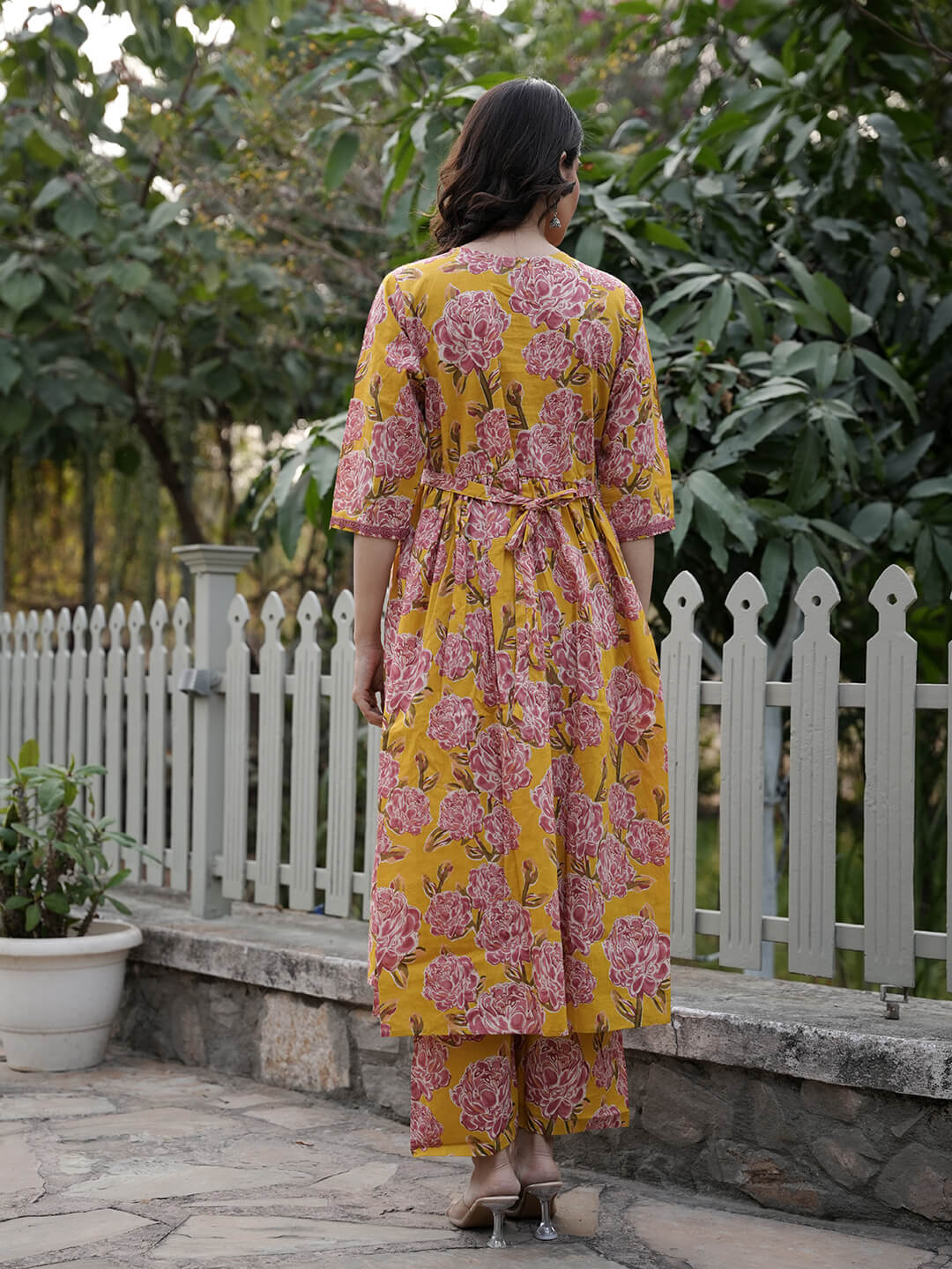 Mustard Floral Printed Maternity & Feeding Friendly Cotton Kurta Set