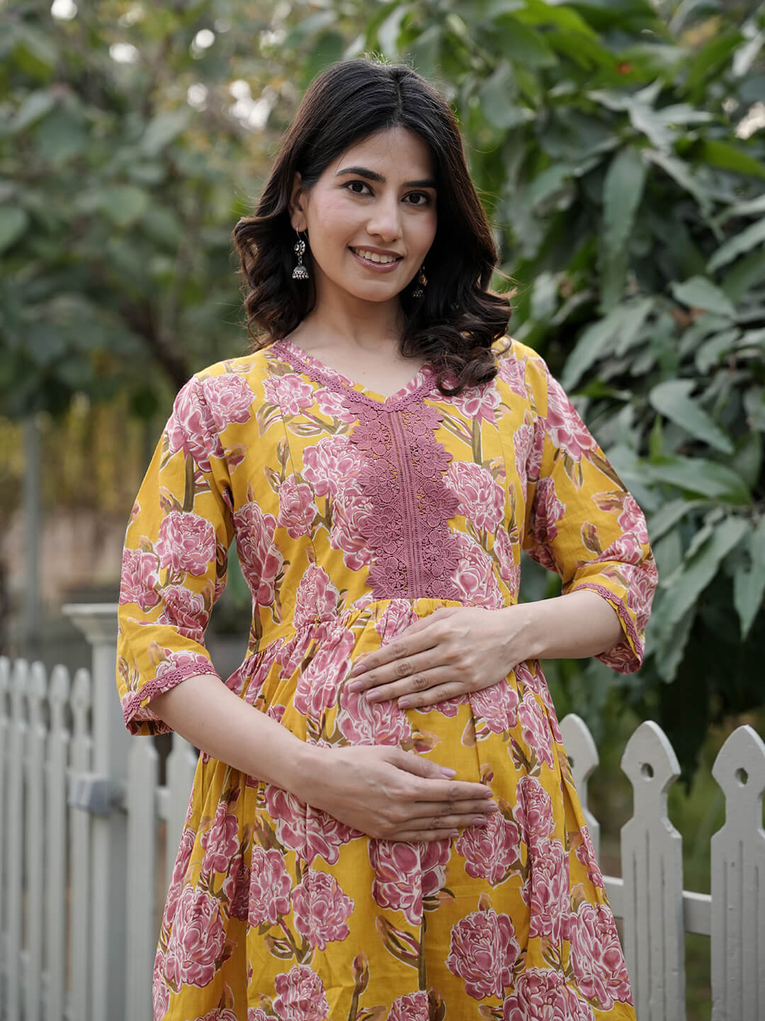 Mustard Floral Printed Maternity & Feeding Friendly Cotton Kurta Set
